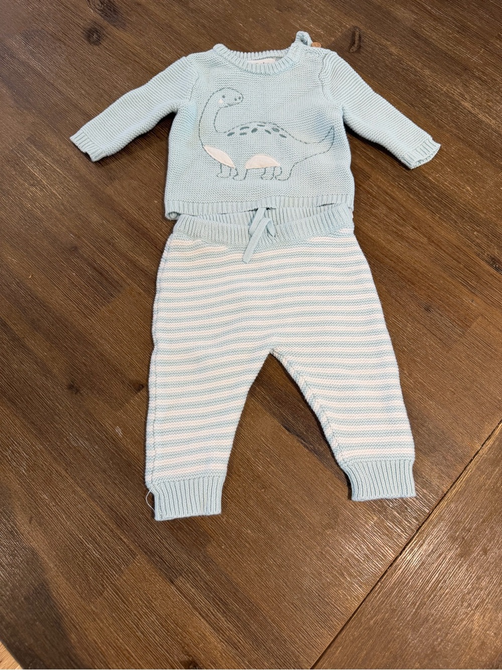 Rene rofe 0-3m Knit Dinosaur Sweater & Striped Pants Set - Light Blue